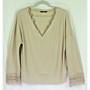 Trendy Queen V Neck Lace Blouse Ivory Ribbed Knit Womens Large